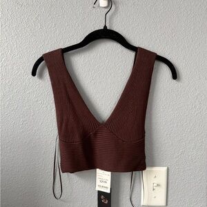 Brown Ribbed V-Neck Crop Top